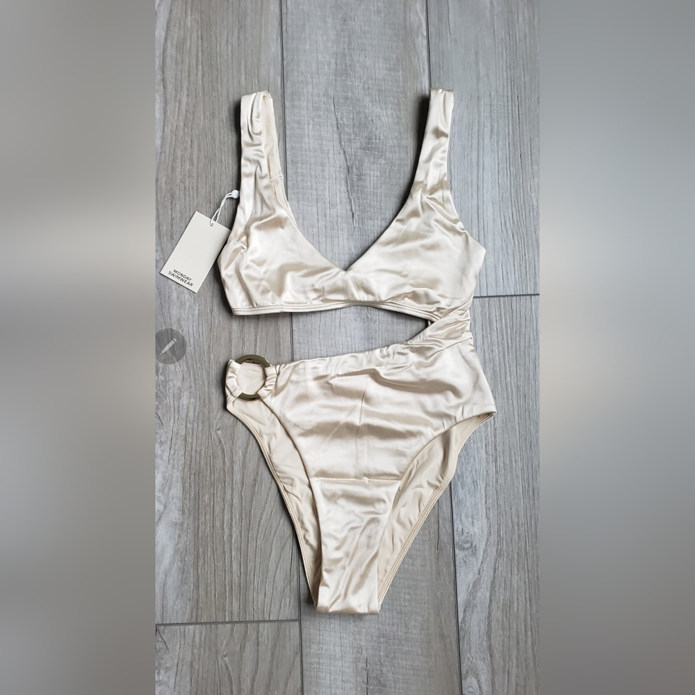 Monday Swimwear Cream Satin One-Piece Cutout Swimsuit